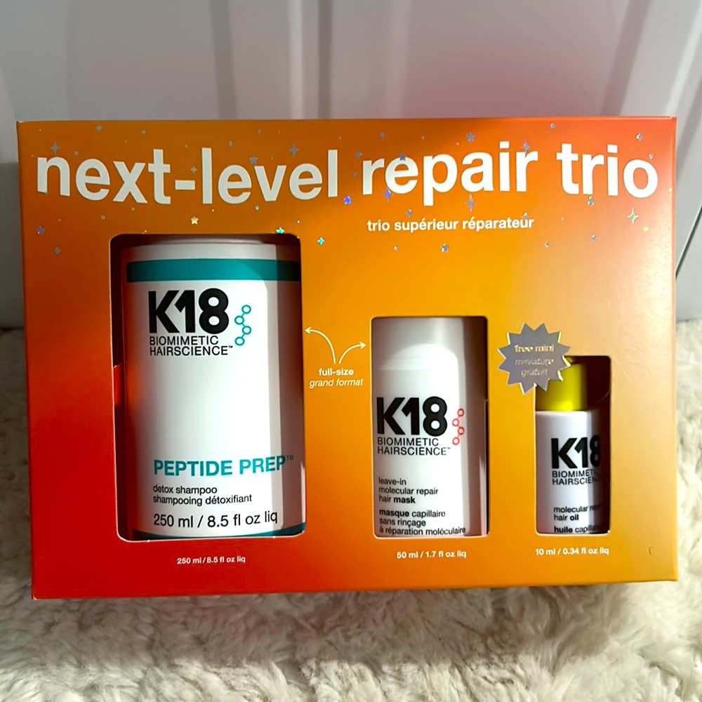 K18 trio with Detox shampoo 250ml, k18 mask 50ml and. K18 oil. 10ml. Firm price
